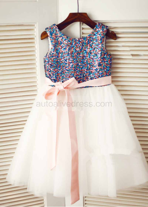 Multicolor Sequin Ivory Tulle Sparkly Flower Girl Dress